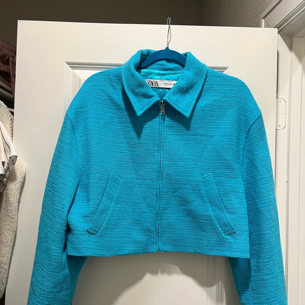 Zara turquoise tweed crop jacket